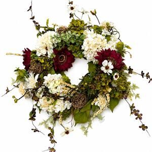 Handmade Woodland Floral Wreath Hydrangeas, Burgundy Flowers  
Grapevine Accents